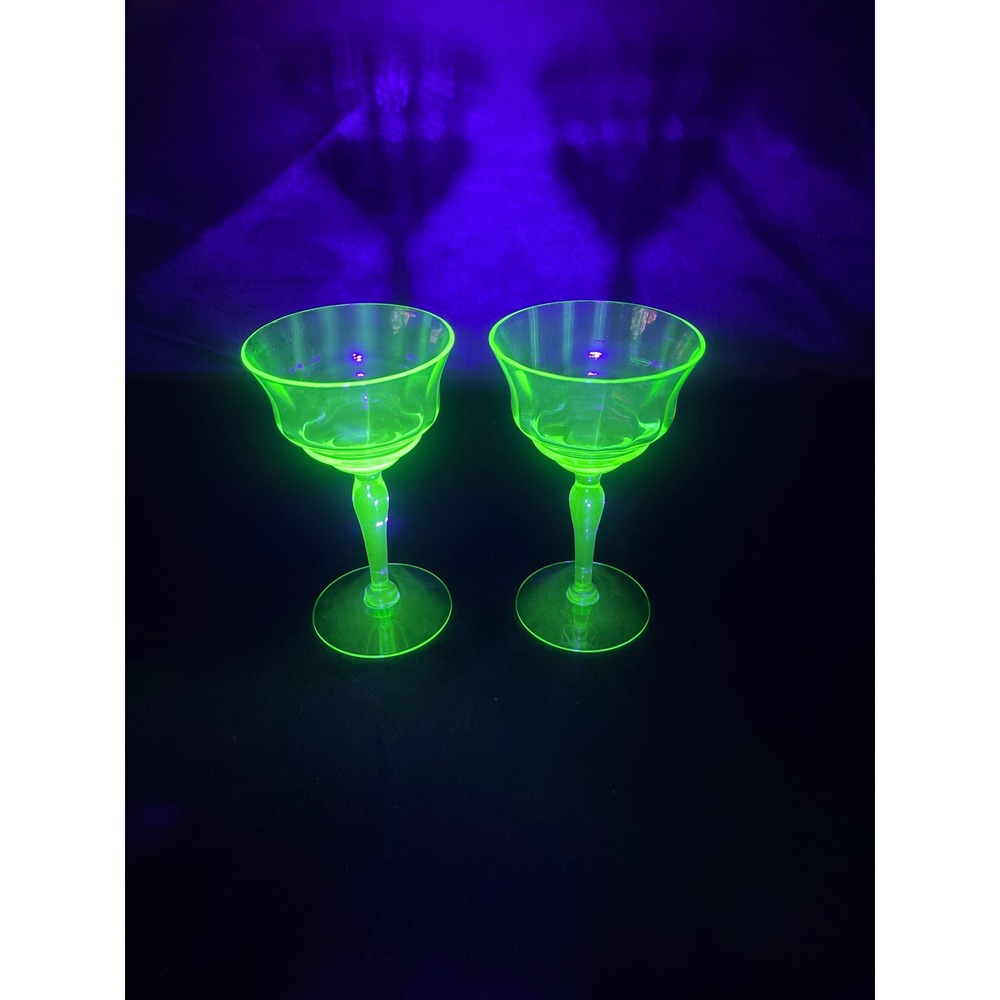 Vintage Green Uranium Glass Cordial Stemware Pair Depression Era 4 1/2 inches